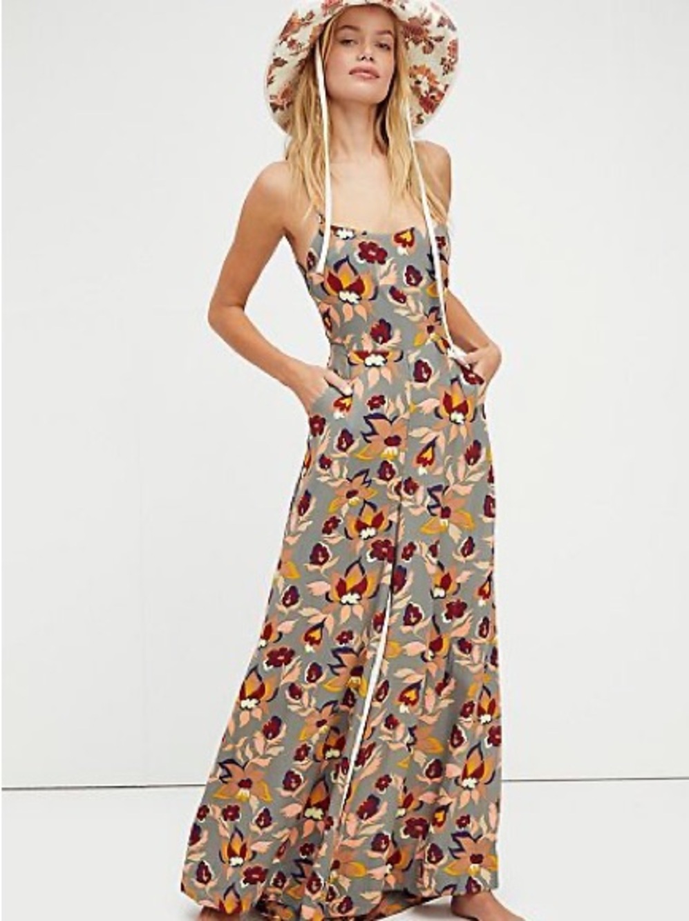 Free People Floral Wide-Leg Jumpsuit in Taupe with Mustard & Burgundy Print- s 4